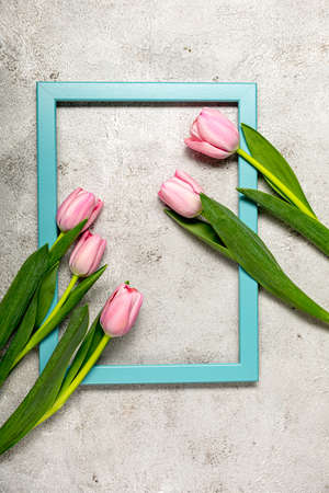 Fresh pink tulip flowers on ultimate gray wallの写真素材