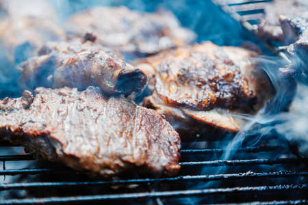 Close up fresh meat kebabs on skewersの写真素材