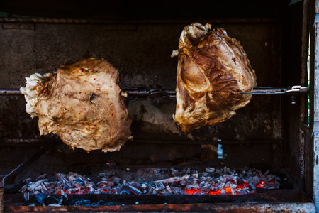 Close up fresh meat kebabs on skewersの写真素材