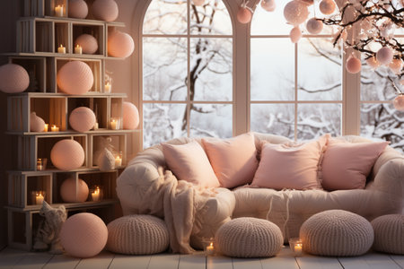 Bright Christmas-themed Room in Gold and Pastel Colors with an Illuminated Window. A Warm Festive Atmosphere for New Year.の写真素材