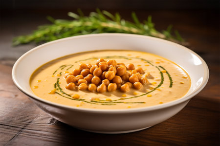 Chickpea soup, traditional Italian winter dish, in Umbria. A warm and nourishing soup made with chickpeas and flavors such as rosemary and garlic. on a white plate in an elegant restaurant decorated for Christmas time. Healthy vegetarian foodの写真素材