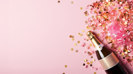 Top view of Champagne Bottle, Golden Confetti, and Decorative Balls on a Stylish light pink Background, Flat Lay Arrangement. with copy spaceの写真素材
