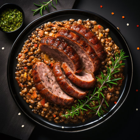 Cotechino with lentils raditional to Emilia-Romagna dish, with sausage served with lentils, symbolizing luck and prosperity for the new year.の写真素材