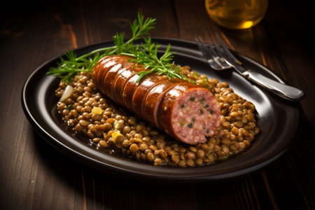 Cotechino with lentils raditional to Emilia-Romagna dish, with sausage served with lentils, symbolizing luck and prosperity for the new year.の写真素材