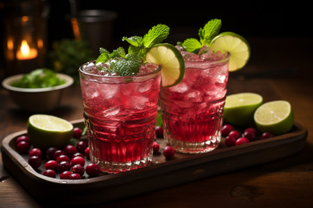 Cranberry Mule with vodka, ginger beer, cranberry juice, lime. Christmas cocktail idea.の写真素材