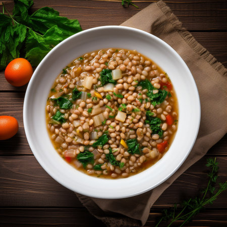 A warm embrace to the Italian culinary tradition with the rustic farro soupの素材