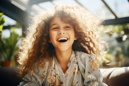 Portrait of beautiful young curly-haired African brunette womanの素材