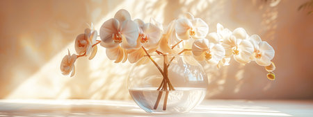 Beautiful ivory color orchids standing on white tableの素材