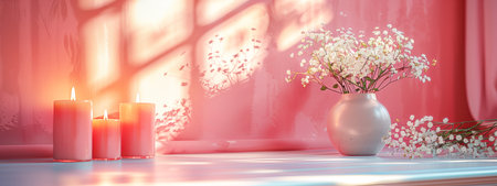 Beautiful candles standing on white tableの素材