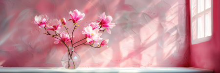 Pink Magnolia flowers in glass vase on white backgroundの素材