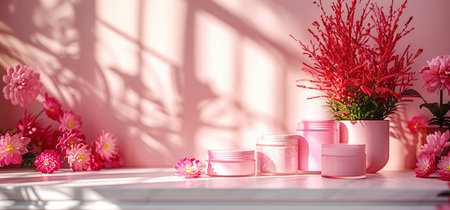 Cosmetic cream in jar with pink flowers. 3d render.の素材