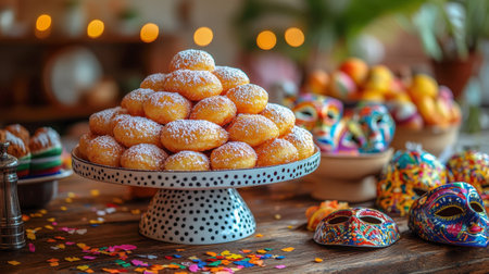 A pyramid of sugared carnival donuts displayed on a festive table, surrounded by colorful confetti and decorations, evoking joy and celebrationの素材