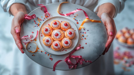A woman presenting a plate of powdered donuts topped with cherries, surrounded by vibrant ribbons and confetti, capturing the festive carnival spiritの素材