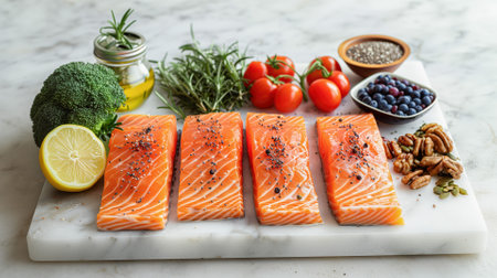 A clean marble background featuring fresh salmon fillets, broccoli, nuts, chia seeds, and olive oil for a balanced ketogenic mealの素材