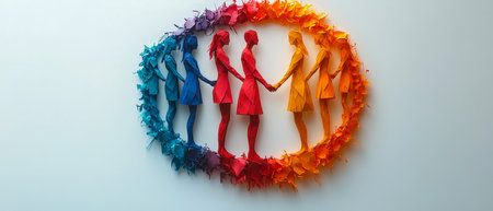 A group of women in colorful paper-cut designs forming a circular arrangement with paper flowers, symbolizing connection, celebration, and empowerment for International Women's Day. Space for text is available in the centerの素材