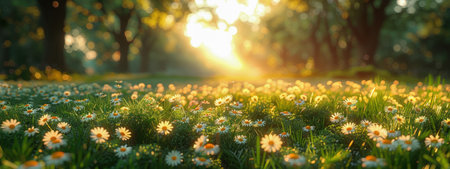 A tranquil clearing forest adorned with blooming white daisies bathed in soft morning sunlight. Space for text in the open areasの写真素材