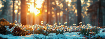 A magical scene of winter flowers blooming in the snow-covered forest under warm sunlight, symbolizing the transition from winter to springの素材