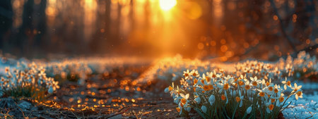 A magical scene of winter flowers blooming in the snow-covered forest under warm sunlight, symbolizing the transition from winter to springの素材