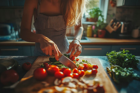 A woman in a striped apron slicing colorful vegetables on a wooden surface with natural sunlight streaming in, showing spring food preparation. Space for text is available on the edgesの写真素材