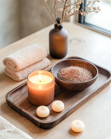 spa and wellness setting with candle, towel and salt on wooden trayの素材