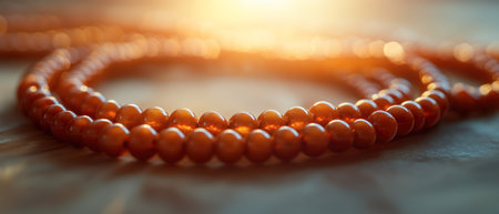 Amber-colored prayer beads illuminated by a warm sunset, symbolizing spirituality and calm. Perfect for Ramadan and religious themes. Space for text available.の素材