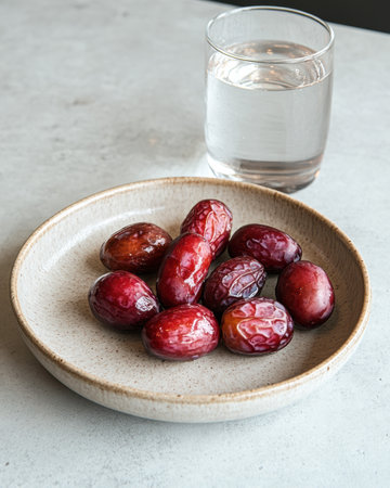 A close-up of fresh glossy dates served on a ceramic plate with a glass of water, placed on a light neutral background, symbolizing Ramadan or healthy living.の写真素材