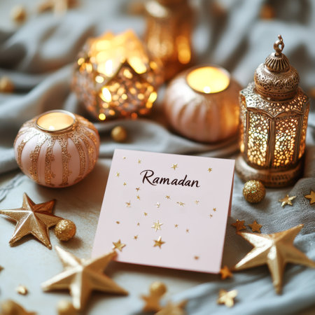 A Ramadan card surrounded by glowing lanterns, golden stars, and elegant decorations, creating a warm and festive ambianceの素材