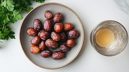 A bowl of fresh dates paired with a glass of juice, complemented by fresh herbs on a white background, ideal for Ramadan or healthy lifestyle themesの写真素材