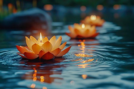 Radiant lotus candles illuminating calm waters during Vesak, symbolizing peace and enlightenment, with ample space for text overlayの写真素材