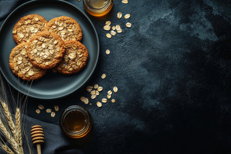 A set of oat cookies on a dark plate surrounded by honey jars, oats, and wheat, styled against a textured dark background for a rustic, natural aesthetic.の素材