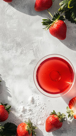 A refreshing strawberry daiquiri cocktail captured from above, surrounded by fresh strawberries and coarse sugar on a textured white background. Soft natural light. Space for text.の素材