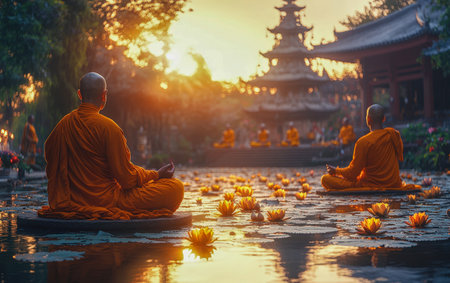Buddhist monks meditating on a serene lotus pond at sunrise, surrounded by traditional temple architecture. Ample space for text in the foregroundの写真素材