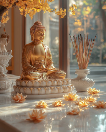 A golden Buddha statue with glowing lotus flowers and incense sticks, beautifully arranged to represent spirituality and Vesak traditions. Space for text available in the foregroundの写真素材