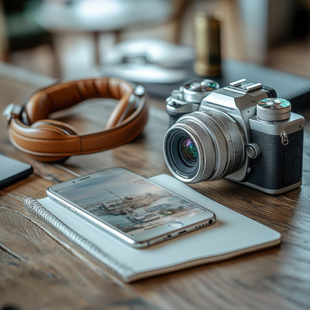 Desk setup with camera, smartphone, leather headphones, and notebook, styled for creative business and marketing with space for textの素材
