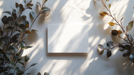 Blank white card framed by natural leaves with a soft textured wall and shadow play, ideal for eco branding and marketing conceptsの写真素材
