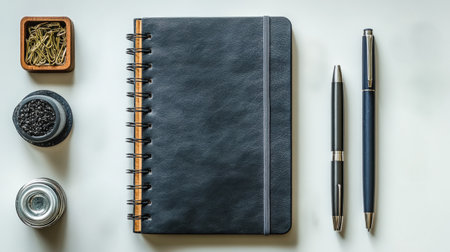 Clean composition of a spiral-bound black notebook, pens, and small office items, including paper clips and jars, arranged on a minimalist workspace.の写真素材