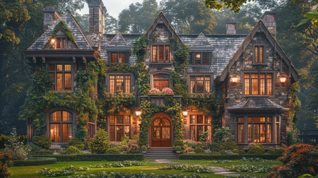 A majestic stone manor adorned with ivy, surrounded by lush greenery and evening lighting, creating a warm and inviting atmosphere.の写真素材