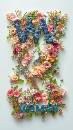 The word Woman crafted with blue and white blossoms, showcasing elegance and creativity for Mother's Day themesの素材