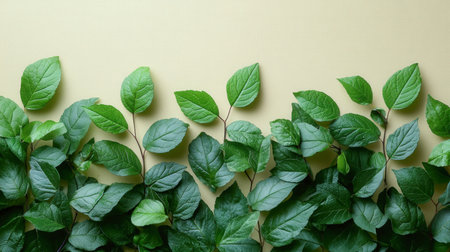 A garland of green leaves beautifully arranged along a soft yellow backdrop, highlighting spring...