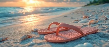 A pair of pink flip-flops resting on soft sand, surrounded by seashells, with a stunning ocean sunset in the background. A summer vacation dream.の素材