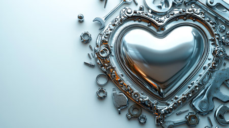 A polished metallic heart surrounded by intricate mechanical components, symbolizing love, creativity, and a father's skill. Perfect for Fathers Day themes celebrating craftsmanshipの素材