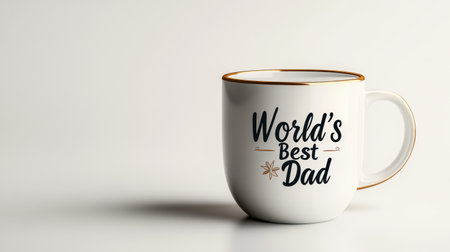 A close-up of a white ceramic mug featuring World's Best Dad text in elegant typography with a golden rim, set against a minimalistic light background. Ideal for Father's Day celebrations or gift promotionsの写真素材