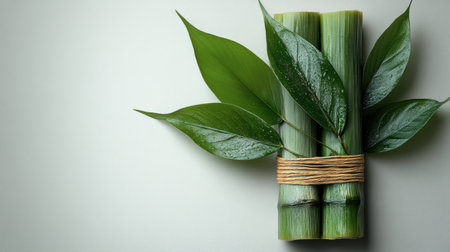 Fresh bamboo and green leaves tied with straw on light backgroundの素材