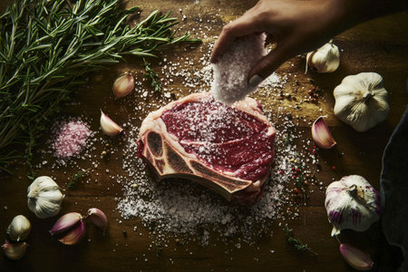 A close-up of a hand sprinkling salt over a raw Bistecca alla Fiorentina on a wooden board, surrounded by fresh rosemary, garlic, and peppercorns for an authentic Italian steak preparation.の写真素材