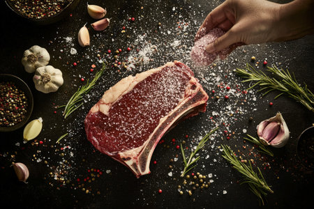 A thick, bone-in raw T-bone steak is seasoned with coarse salt, with fresh garlic, rosemary, and peppercorns scattered around, creating a dramatic and rustic food presentation.の写真素材