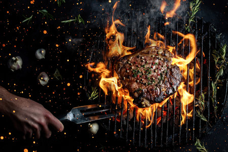 A juicy T-bone steak sizzling over an open flame, seasoned with herbs and peppercorns, with glowing embers and smoke in the background.の写真素材