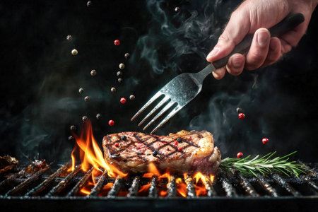 A perfectly seared T-bone steak on a hot grill, with peppercorns floating in the air, flames rising, and smoke enhancing the rich aroma.の写真素材