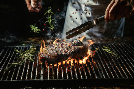 A chef seasons a fire-grilled Bistecca alla Fiorentina, with floating spices and fresh rosemary, capturing the essence of authentic Tuscan steak preparation.の写真素材