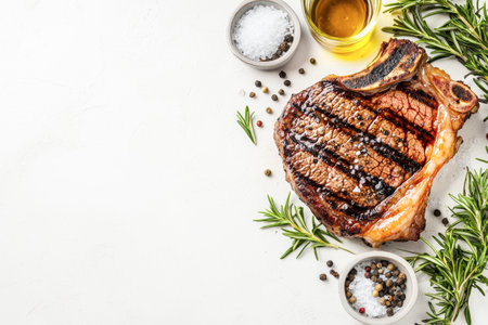 A perfectly grilled T-bone steak sits on a white background, surrounded by rosemary, sea salt, black pepper, and olive oil, showcasing a traditional Tuscan dish.の写真素材
