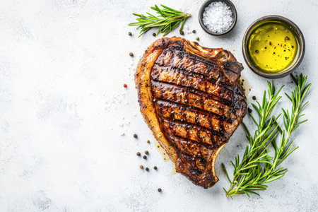 A grilled Bistecca alla Fiorentina is beautifully plated with coarse salt, cracked pepper, and fresh rosemary on a white rustic background, highlighting authentic Italian flavors.の写真素材